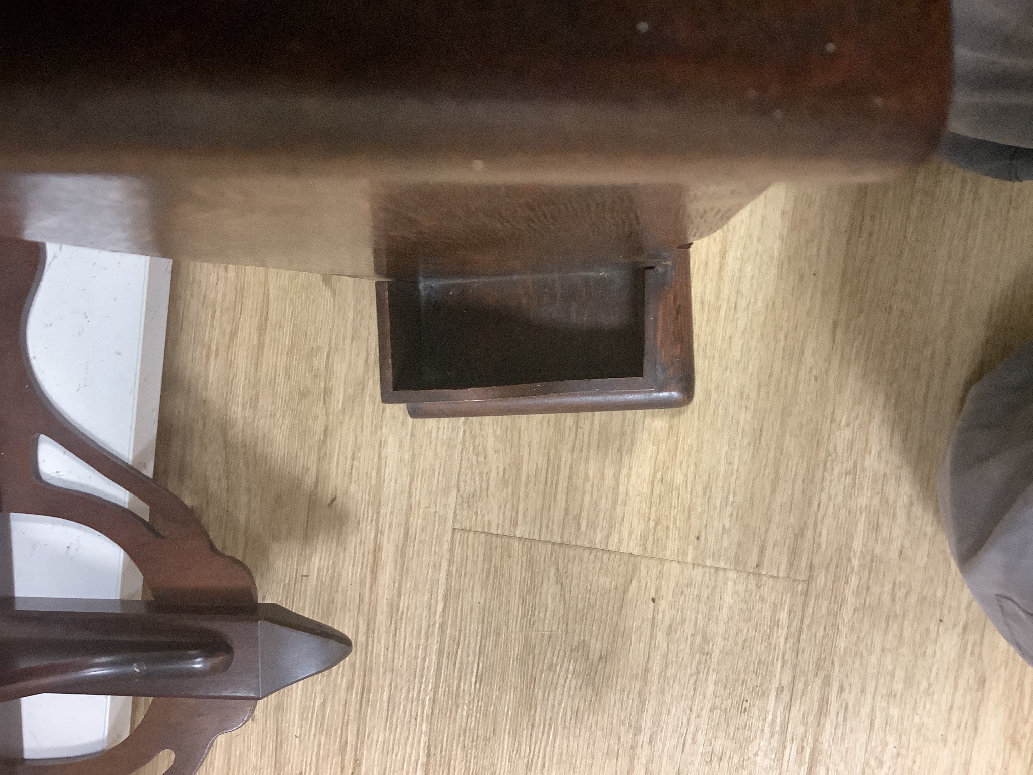A Victorian wall shelf and oak letter box, tray, etc